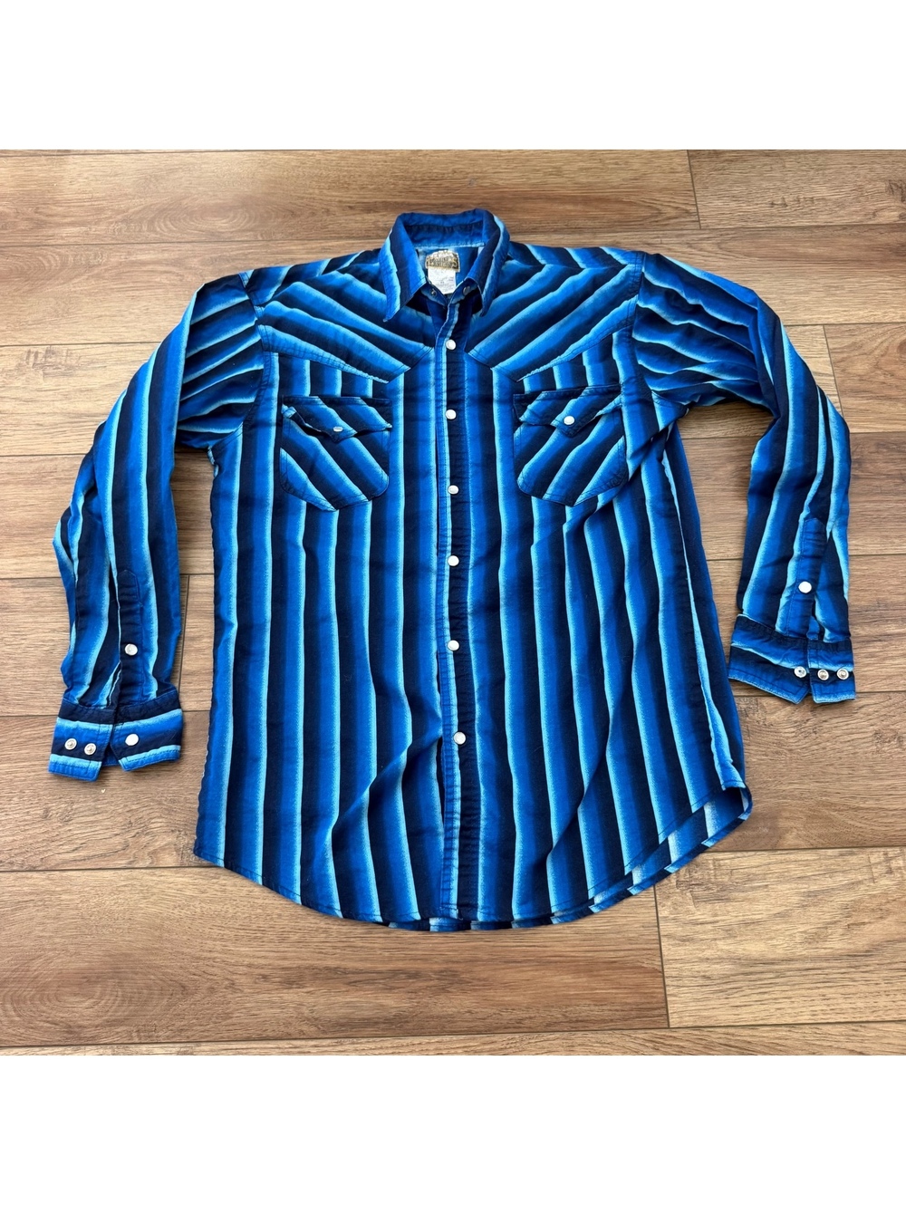 Vtg Express Rider Men XL Blue Striped Western Pearl Snap Shirt